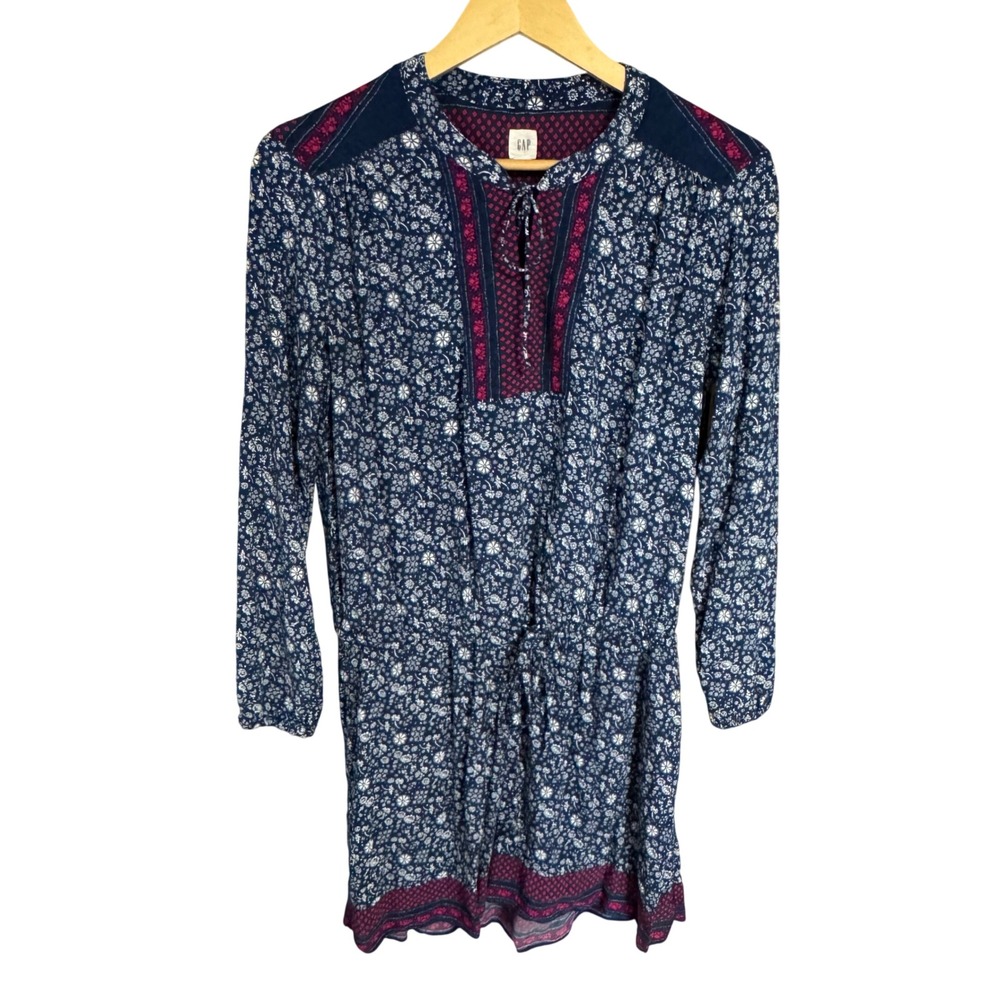Gap Women Blue Floral Long Sleeve Mini Dress Drawstring Waist Burgundy Trim M